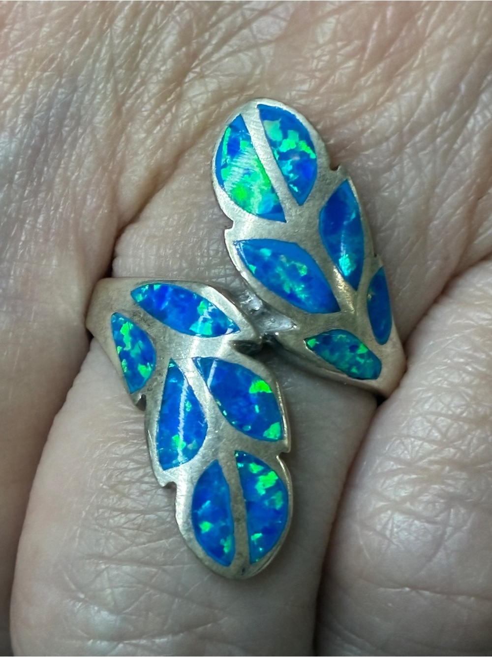 Sterling Silver Blue Opal Leaf Ring - Elegant Women's Jewelry 8